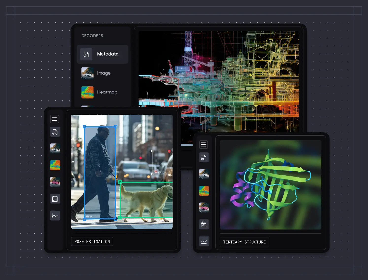 Three digital screens showing image metadata, a person with dog labeled in pose estimation, and a 3D molecular tertiary structure.